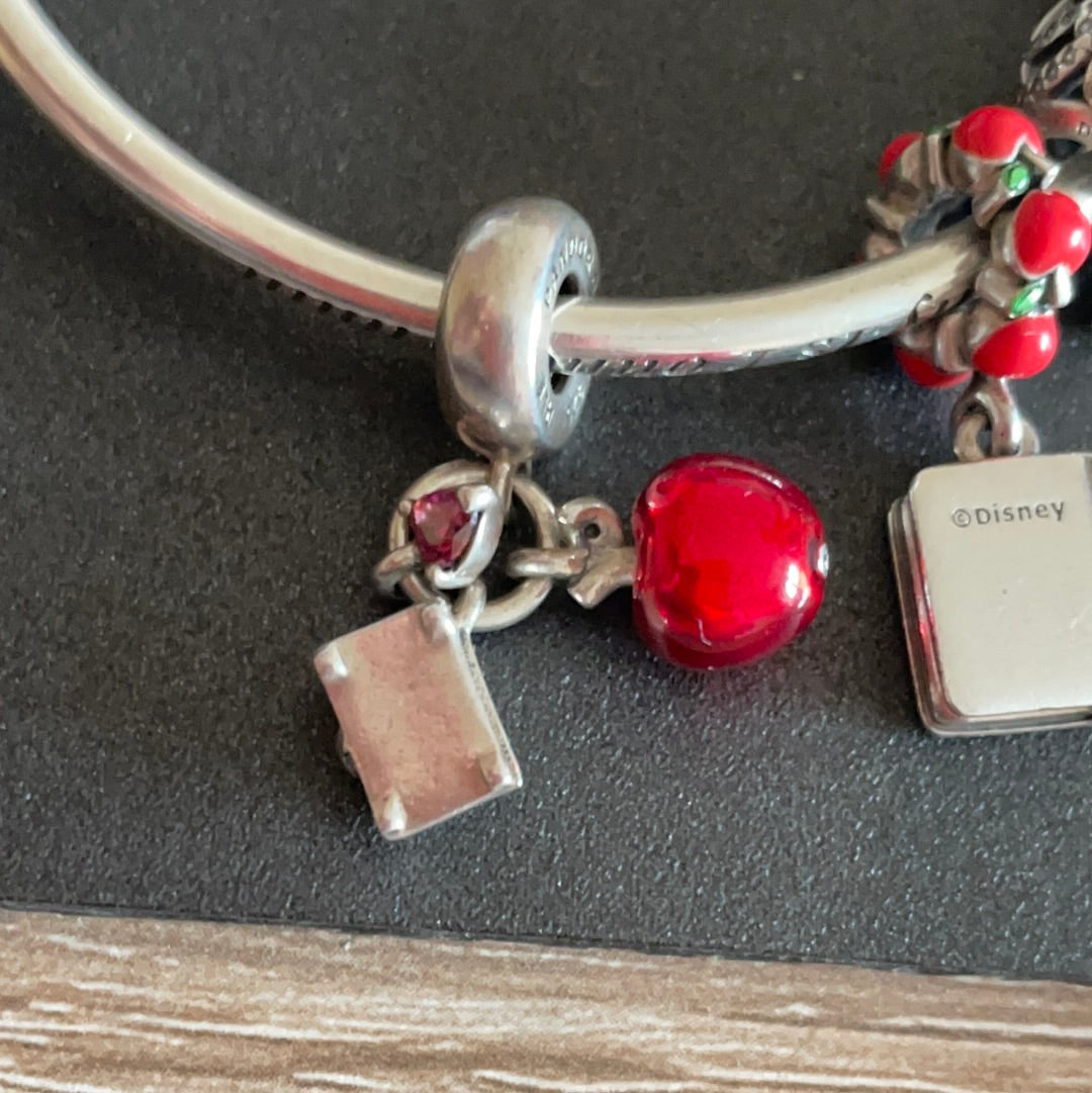 Genuine Pandora Disney Snow White Enamel Apple Coffin CZ Heart Dangle Charm