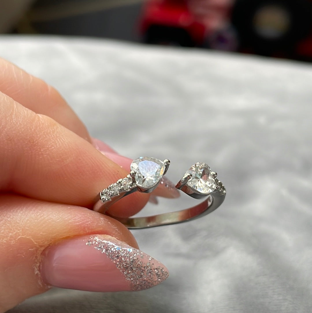 Sterling Silver Pave and CZ Heart Open Ring Size 54 (slightly adjustable)