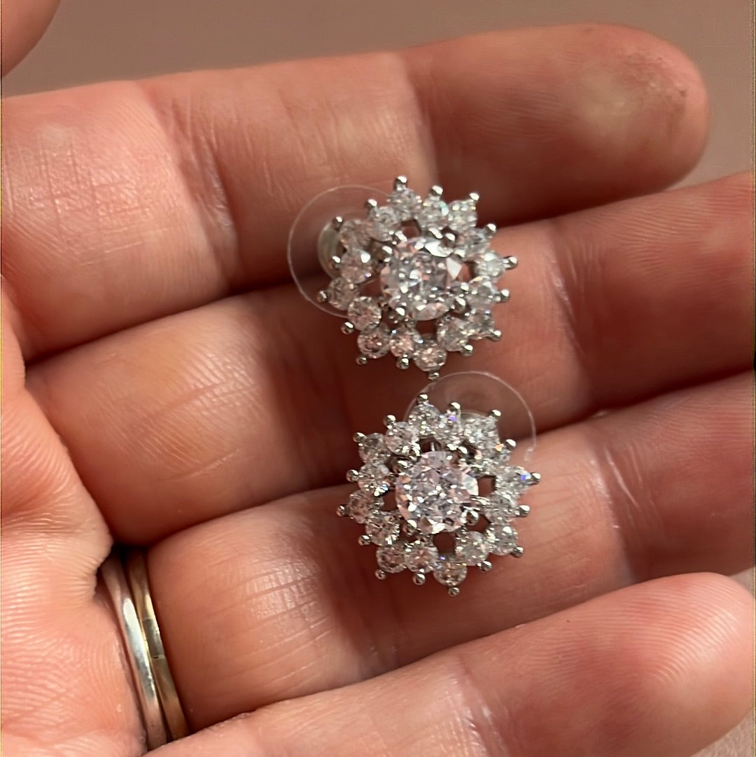Brand New Sterling Silver Posts Large Sparkling CZ Pave Flower Earrings Beautiful!
