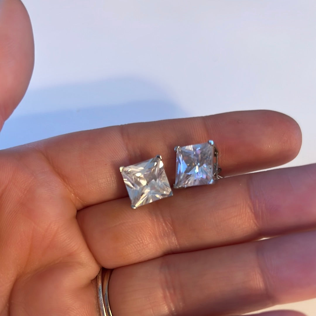 Silver Plated CZ Square Large Stud Earrings