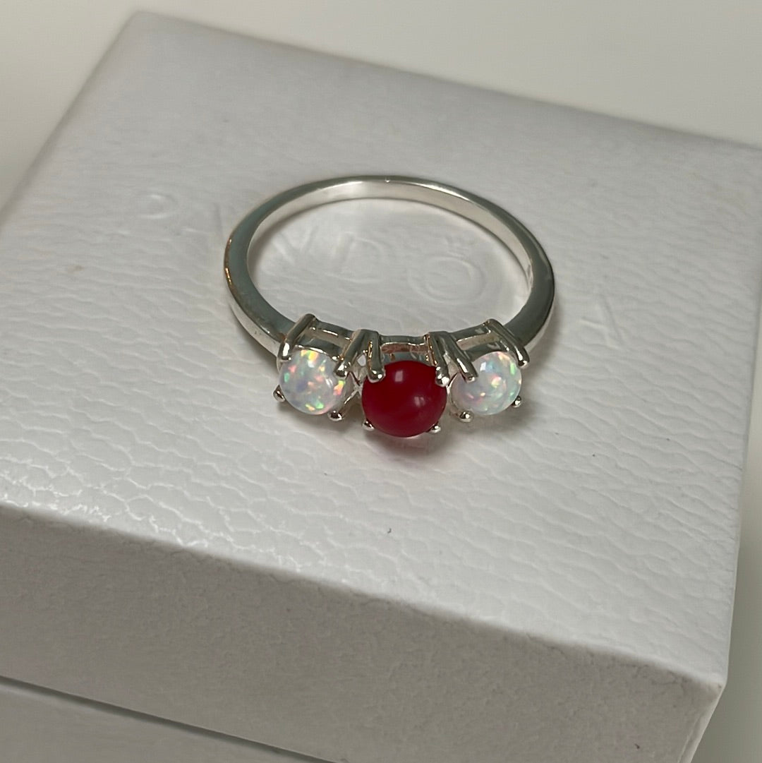 Sterling Silver Ring With 2 x Opal Stones and Red Stone Size 54