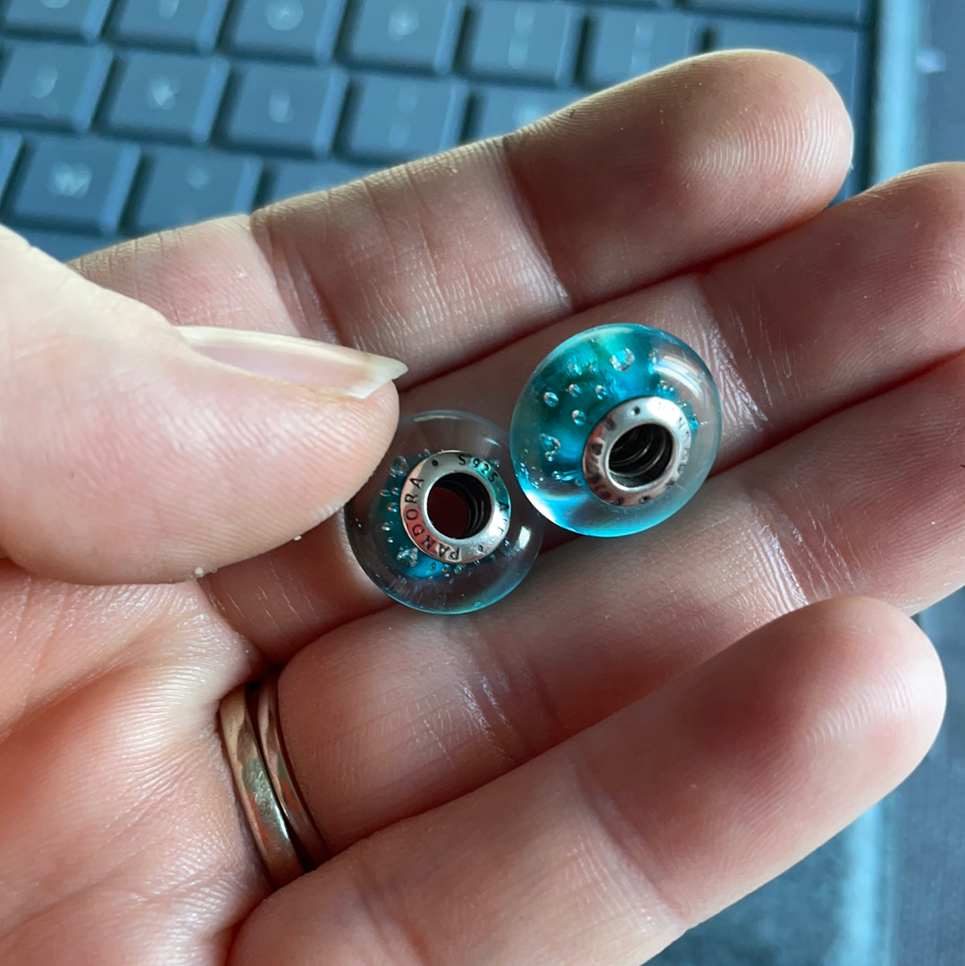 Pandora (?) PLEASE READ Faceted Murano Blue Turquoise With Bubbles Charm x2