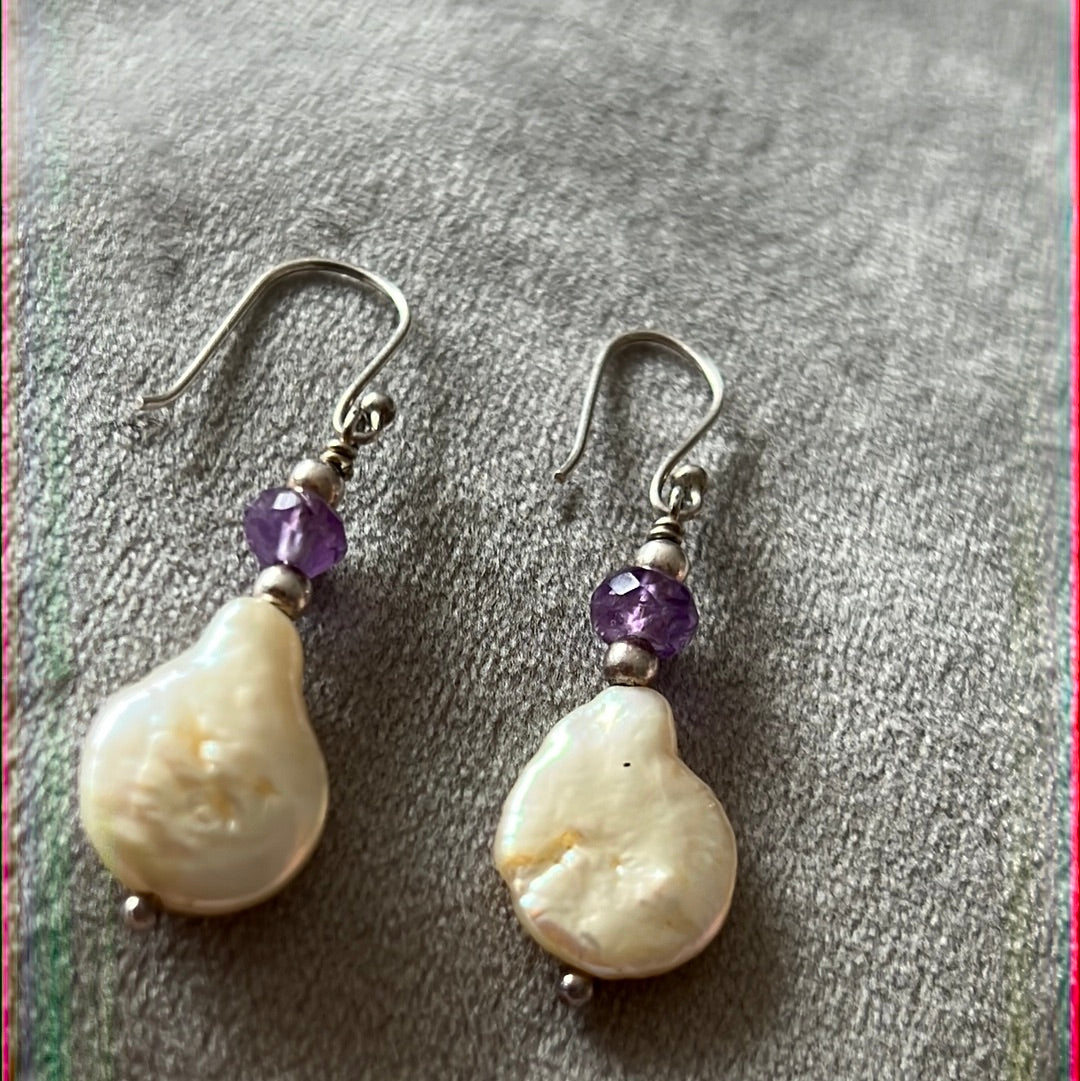 Silver Plated Dangle Earrings with Baroque Freshwater Pearls and Purple Stone