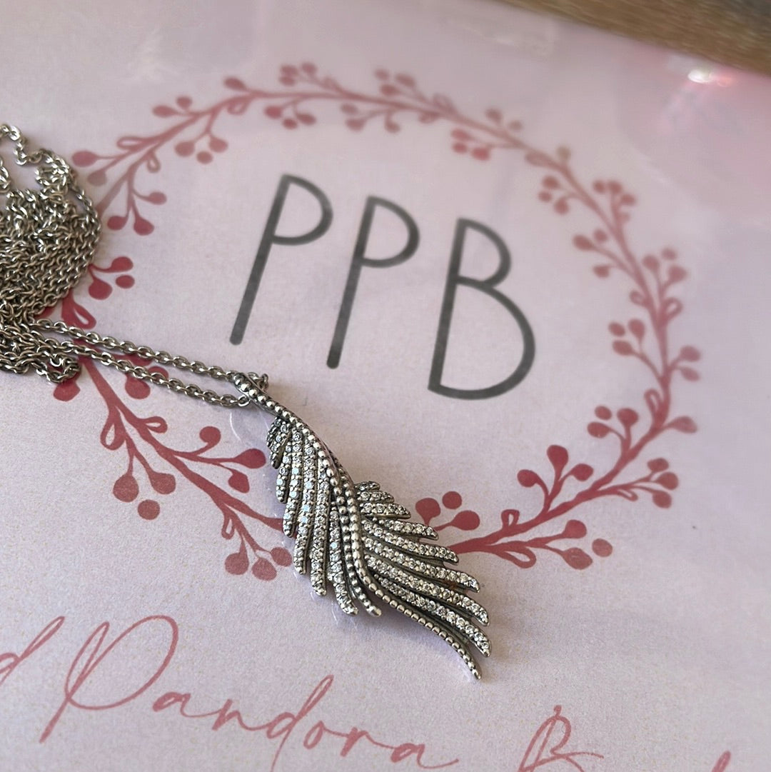 Genuine Pandora Feather Angel Wing Pave Necklace With 40 Chain INCLUDED