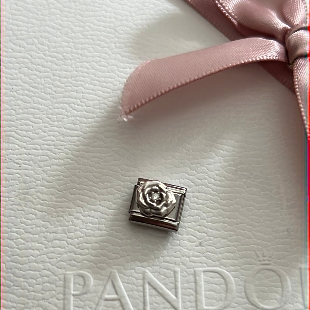 Genuine Nominations Silver Link Charm Cz Rose Flower