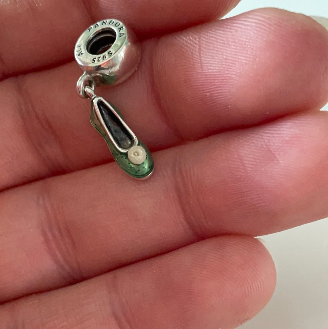 Genuine Pandora Disney Tinkerbell Green Enamel Pearl Slipper Dangle Charm