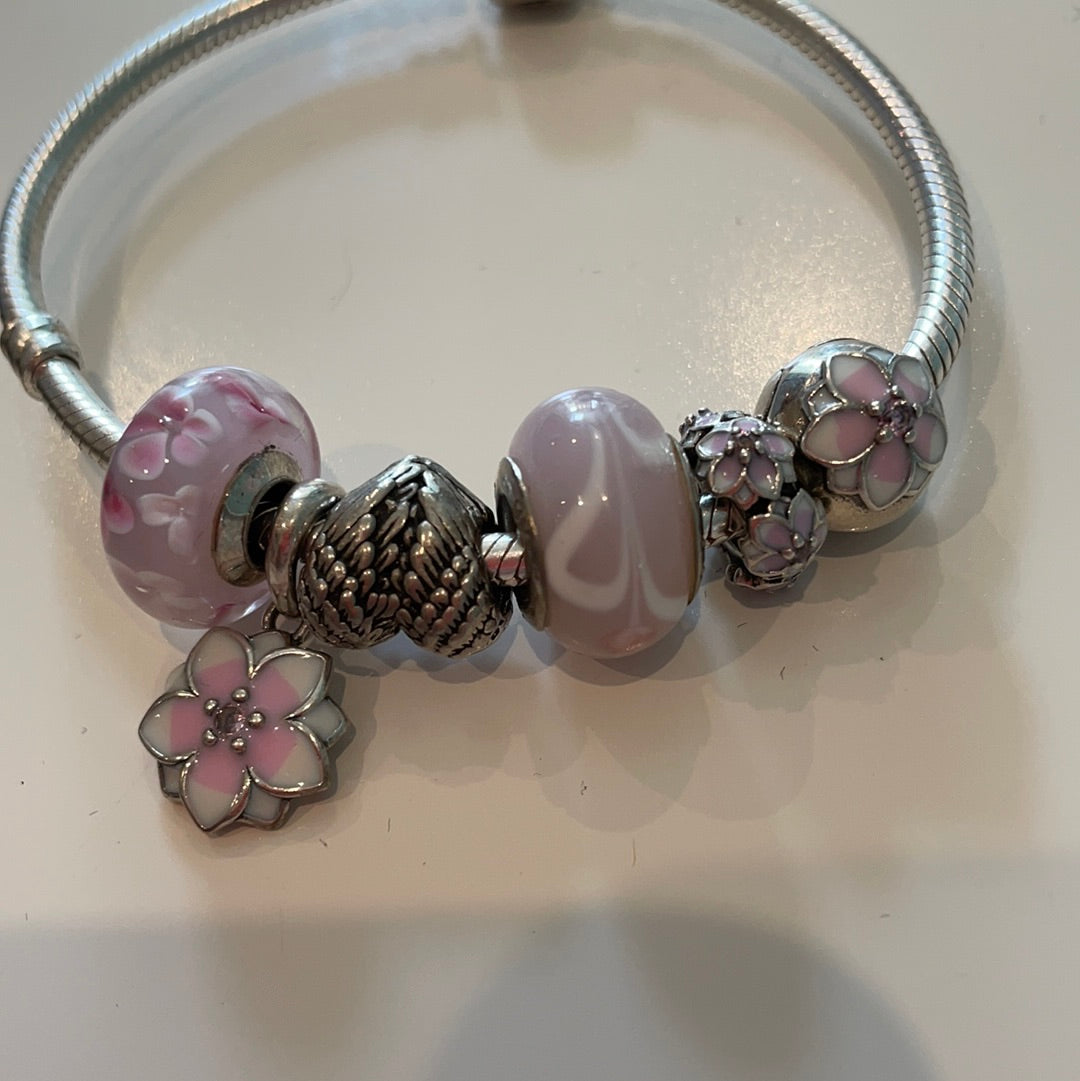 Unbranded Brand New Starter Bracelet. Sterling Silver Pink Magnolia Flower and Angel Set