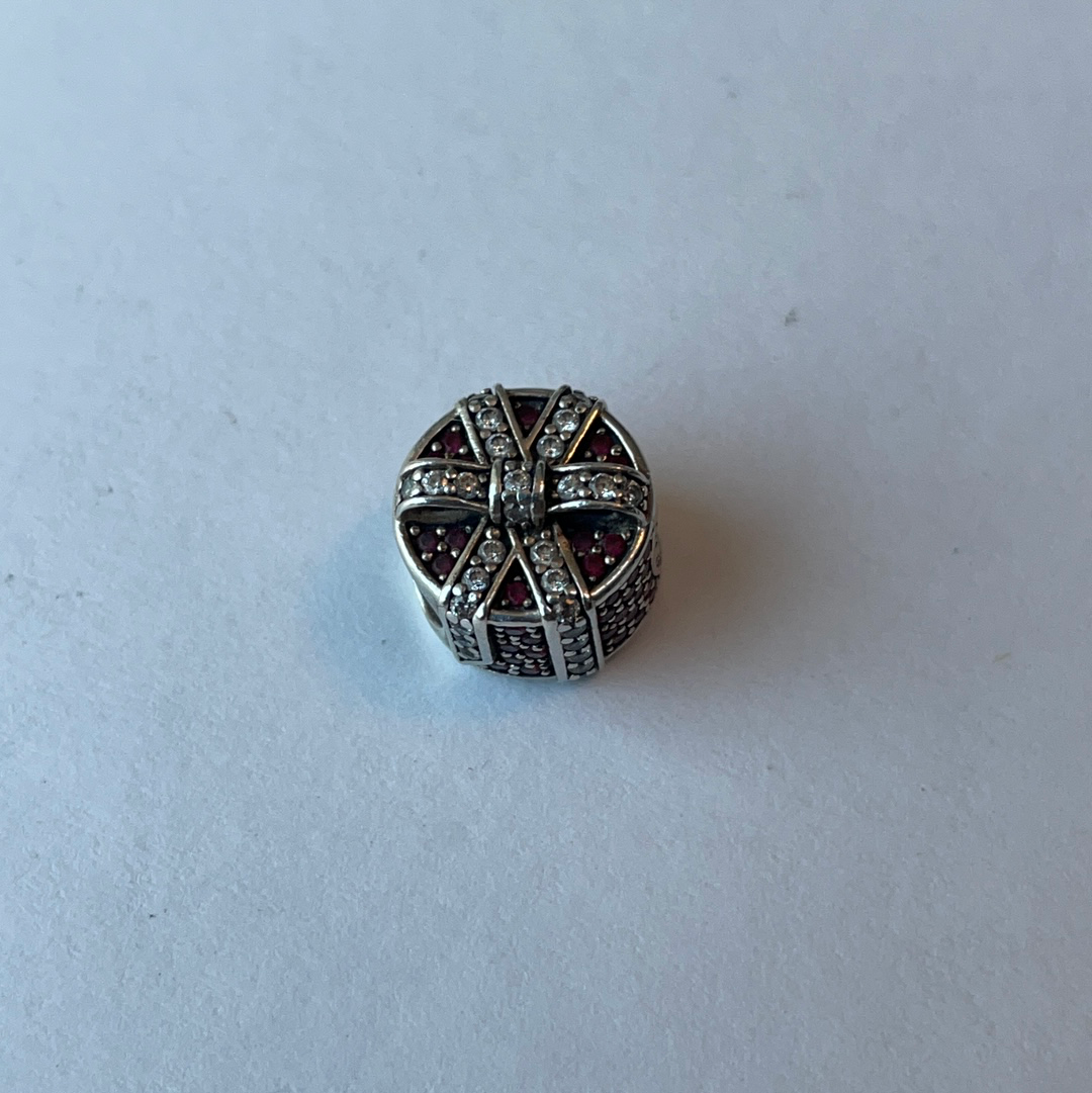 Genuine Pandora Circle Shaped Present Pave Bow Charm In Pink