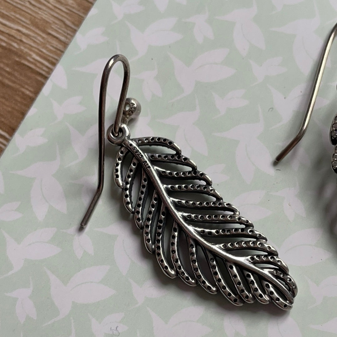 Genuine Pandora Pave Leaf Feather Dangle Compose Charms For Earrings RARE