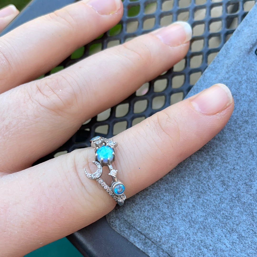 Unbranded But Beautiful Opal Stone Ring With Moon and Star Clear and Blue CZ Size 58