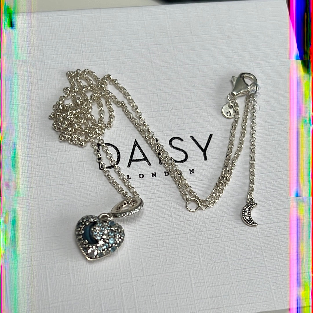 Genuine Pandora Sparkling Blue Moon and Stars Heart Necklace 50cm