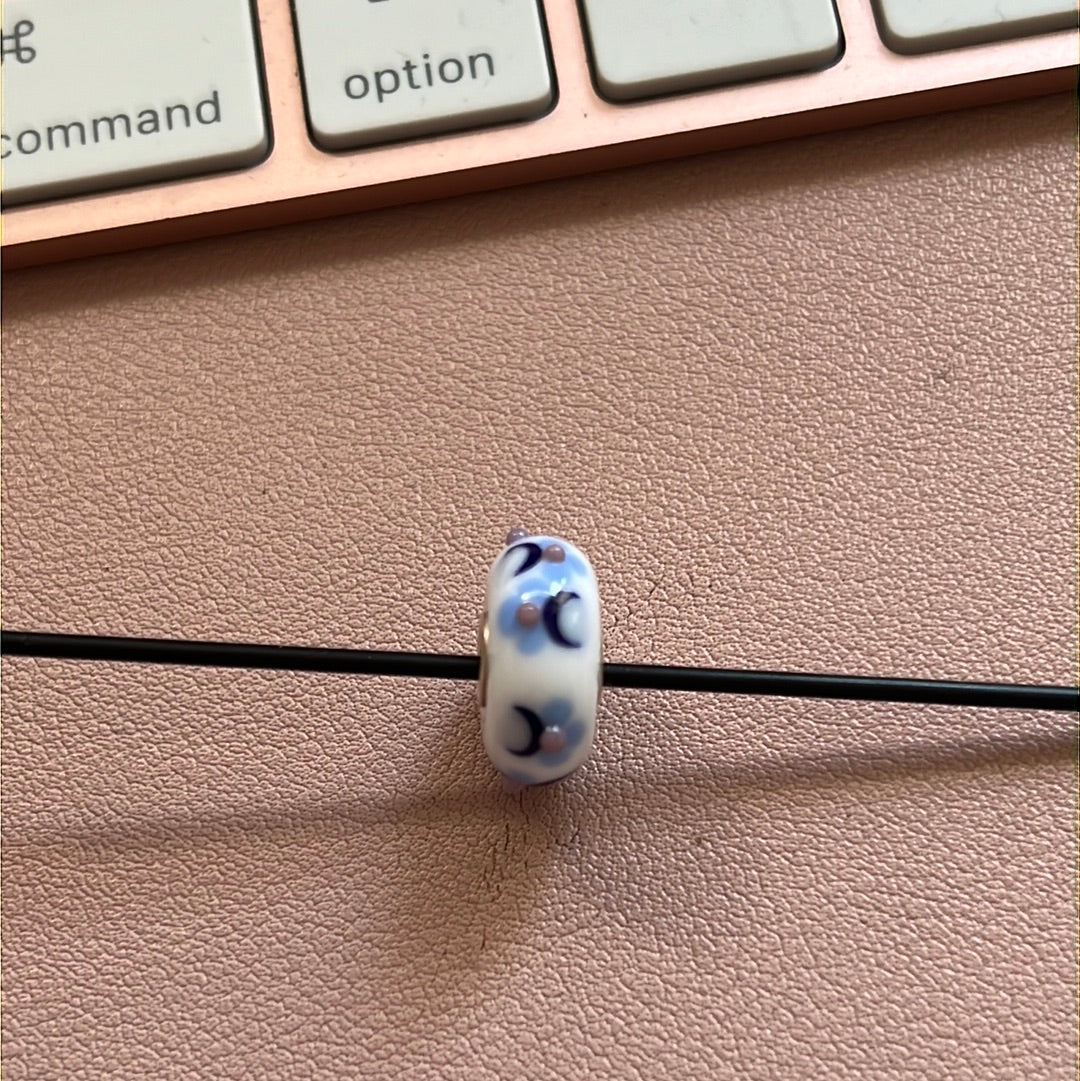 Sterling Silver White Murano With Lilac Flowers and Dark Purple Moons 3D Dots Charm