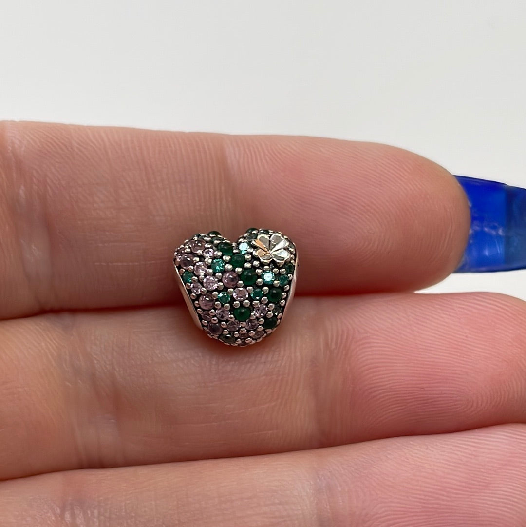 Genuine Pandora Lucky Clover Green and Clear Pave Heart Charm