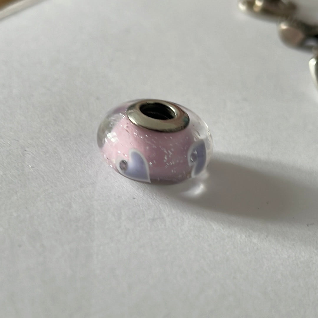 Genuine Pandora Pink Murano With Sparkle and Lilac hearts Charm