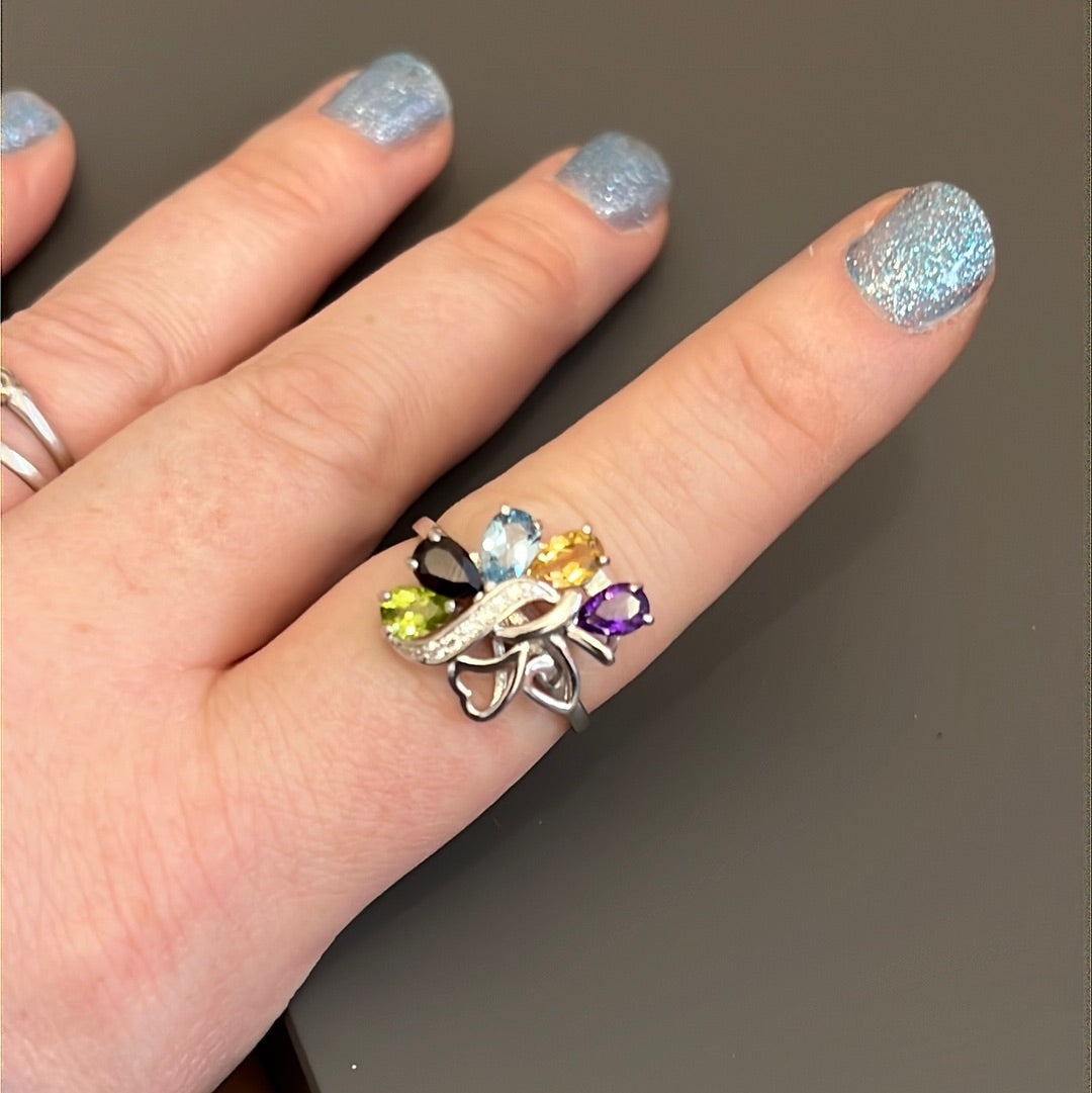 Sterling Silver Pave CZ Colourful Bunch of Flowers Ring Size 58