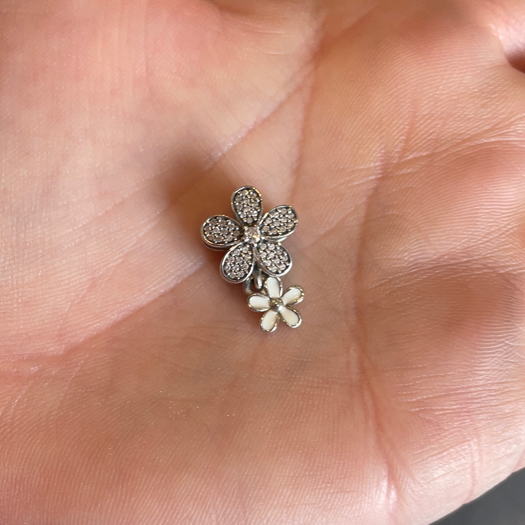 Genuine Pandora Bloom Pave Daisy Meadow Blossom Flower Charm With Enamel White Dangle