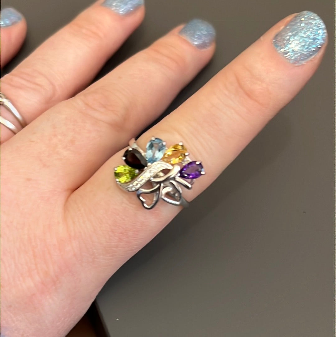 Sterling Silver Pave CZ Colourful Bunch of Flowers Ring Size 58