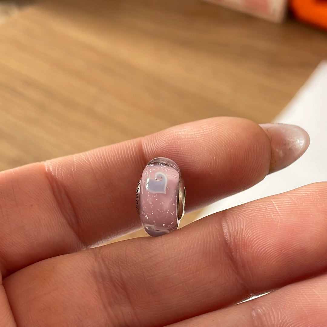 Genuine Pandora Pink Murano With Sparkle and Lilac hearts Charm