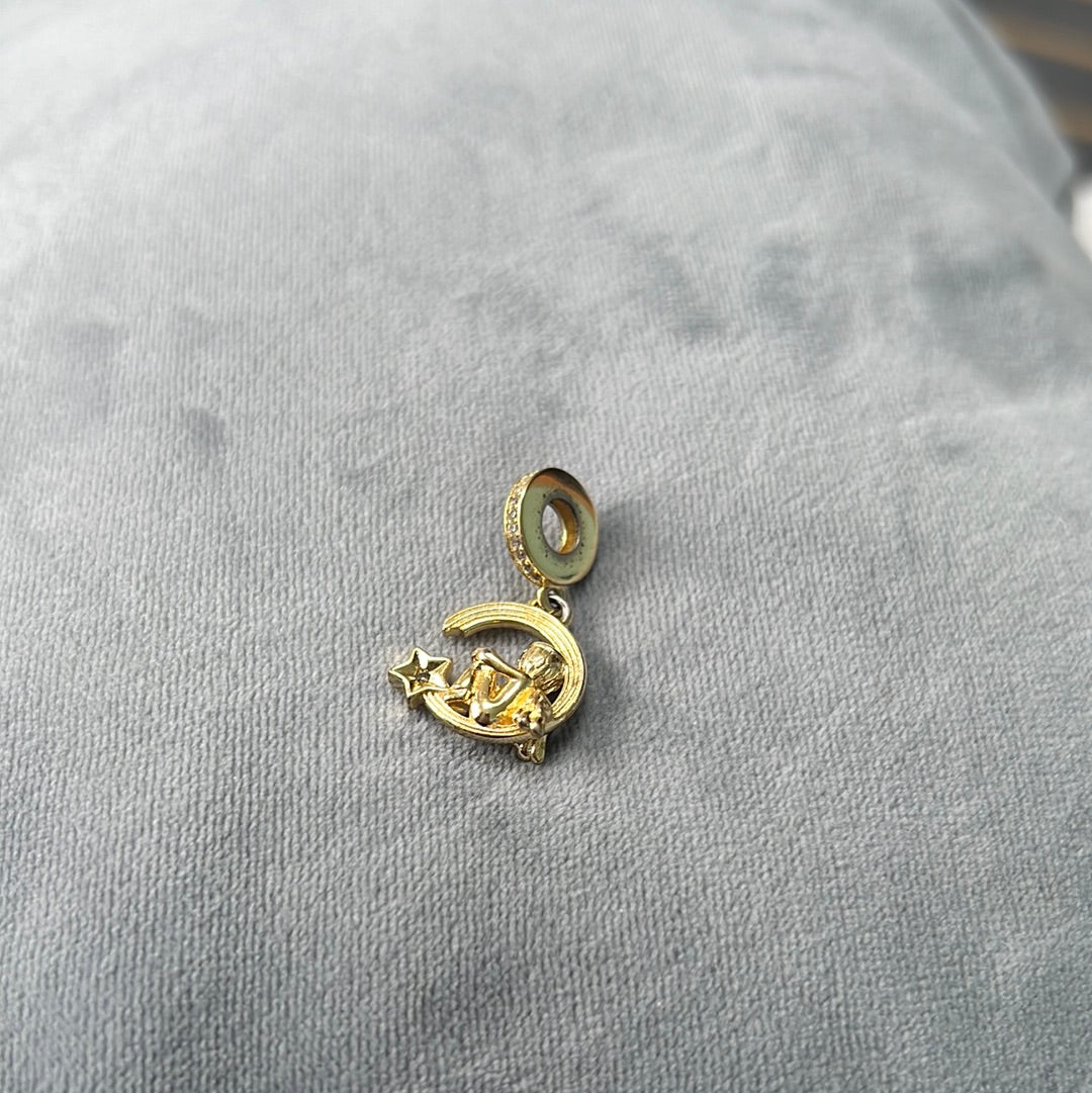 Sterling Silver Shine Gold Moon and Angel CZDangle Charm