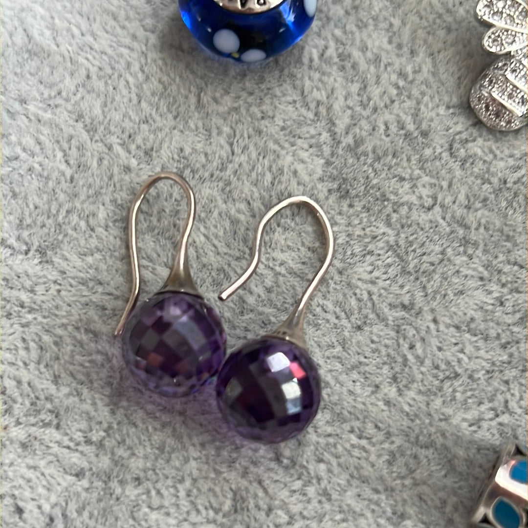 Genuine Pandora Purple Faceted Murano Glass Dangle Earrings