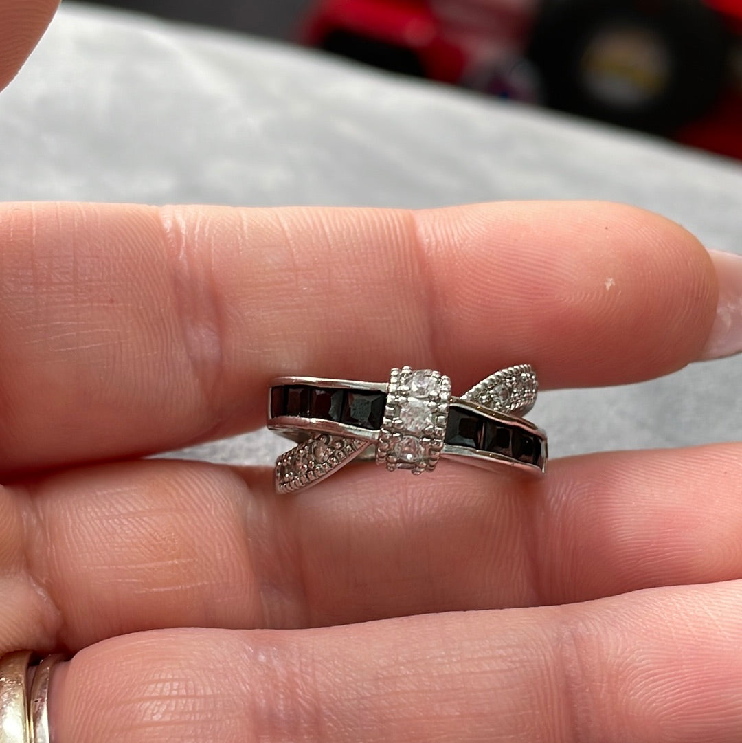 Sterling Silver Pave and CZ Black and Clear Crossover Bow Ring Size 52