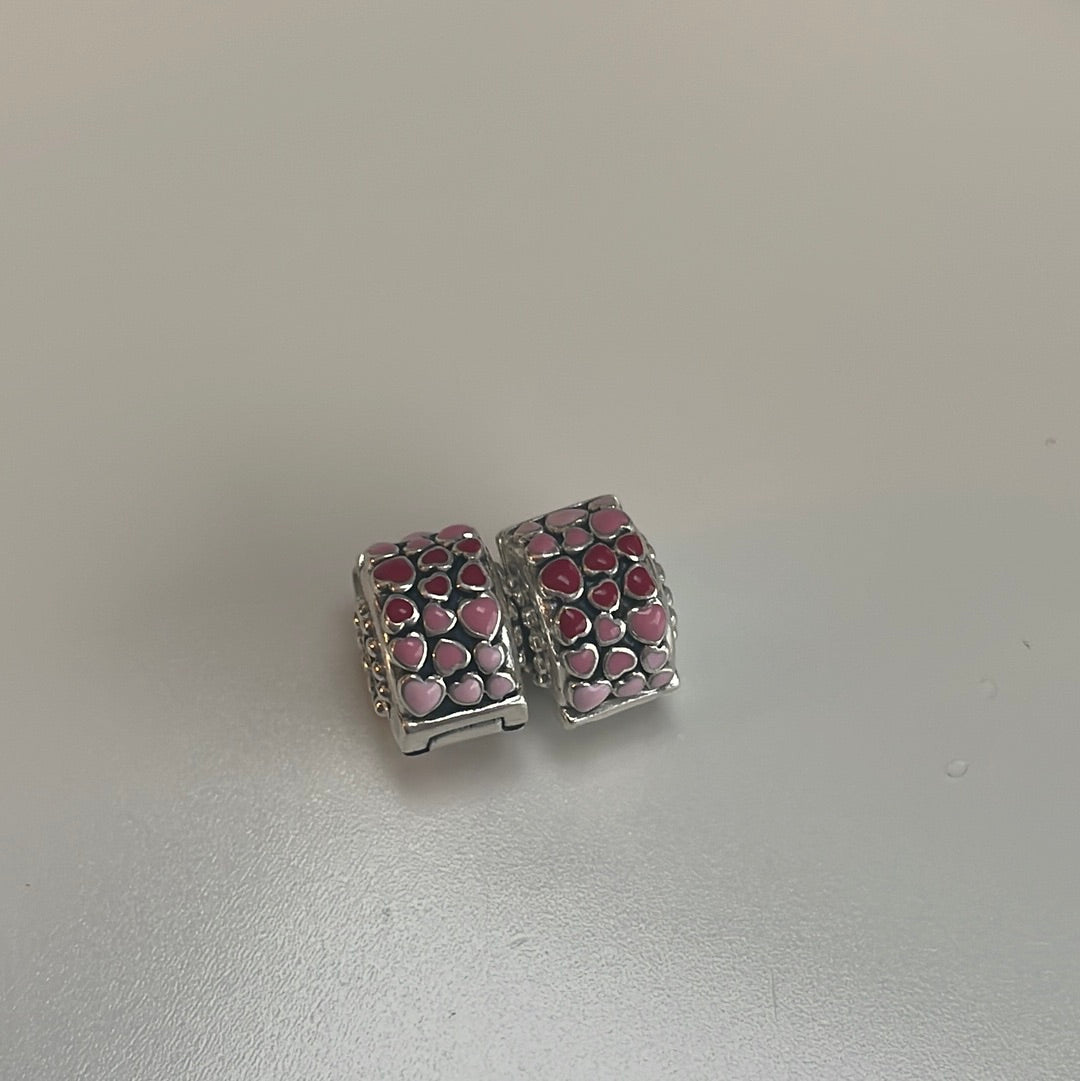 Genuine Pandora Light Pink and Red Enamel Hearts Clips x1