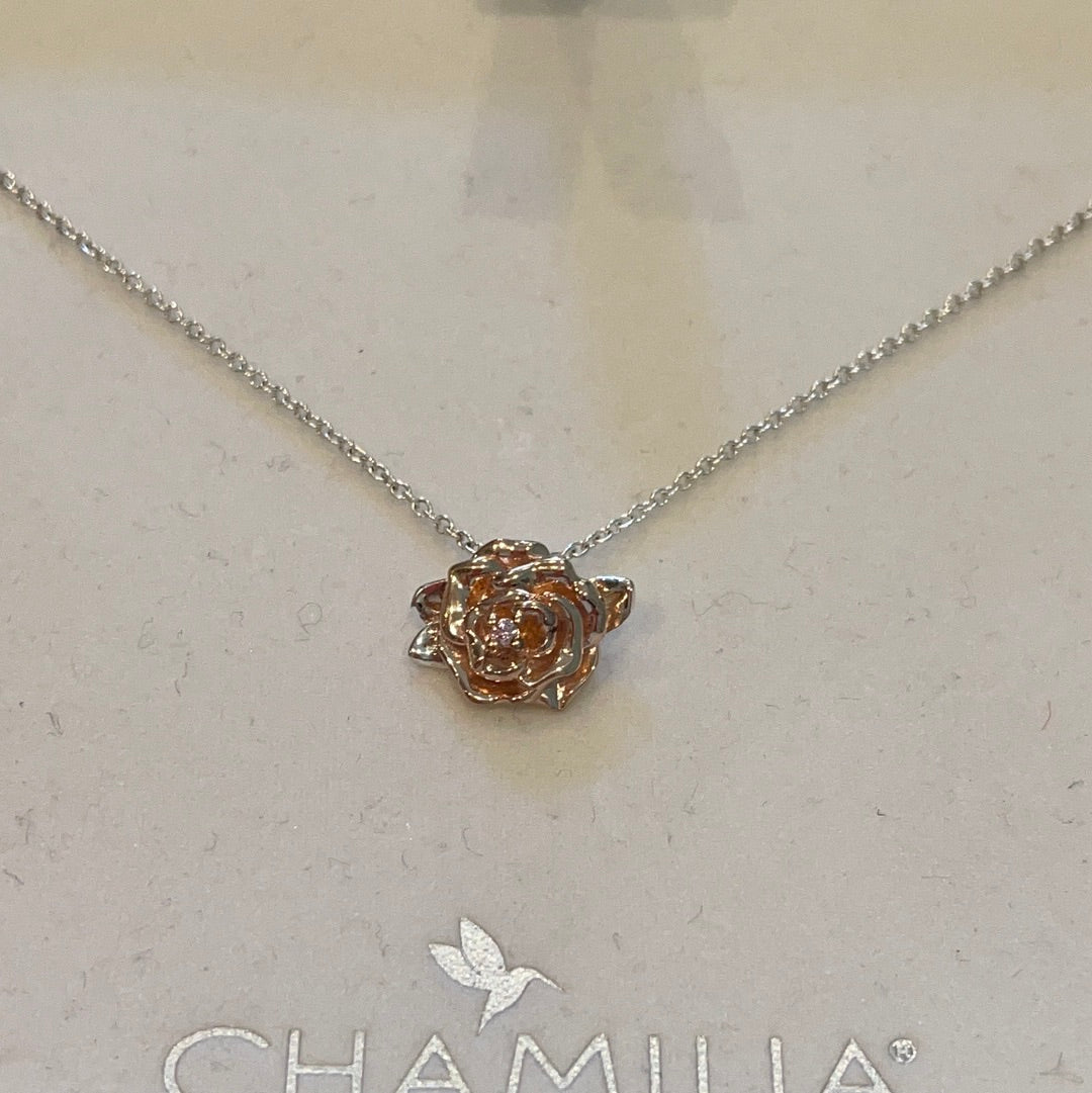 Genuine Chamilia Brand New in Box Disney Beauty and the Beast Belle's Rose Rose Gold 50cm Chain Necklace