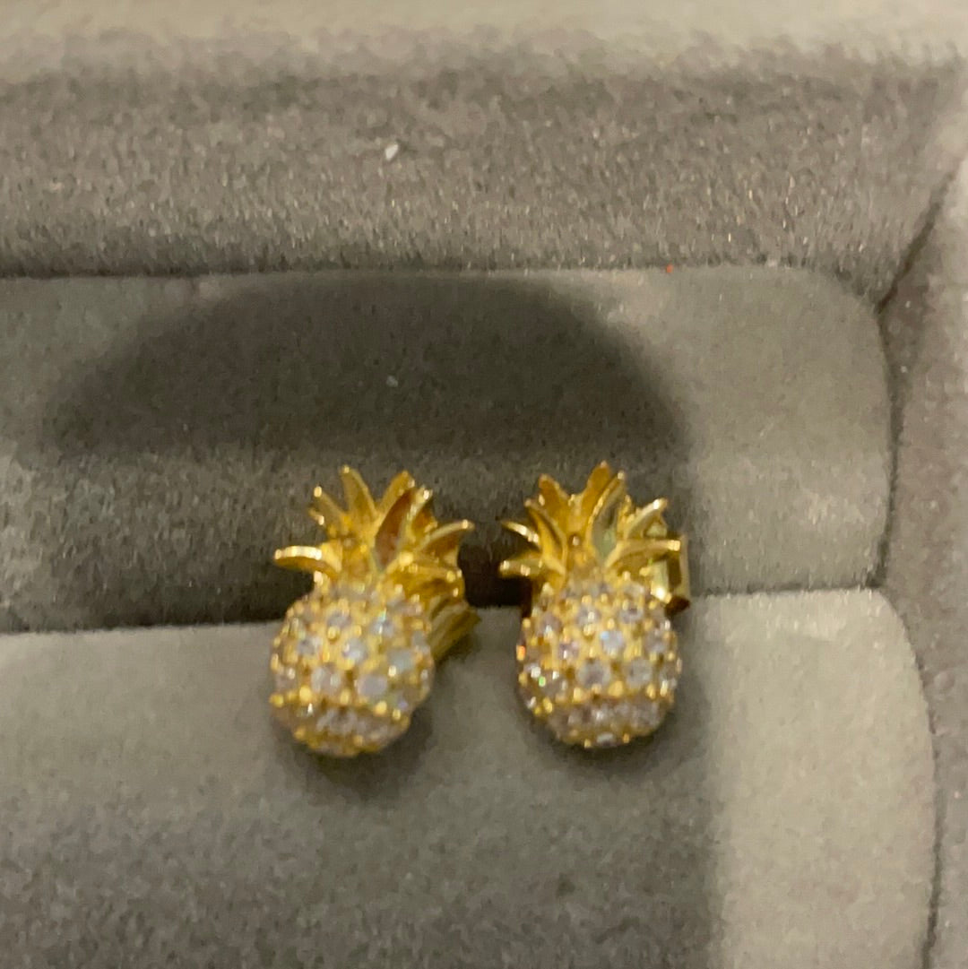 Brand New Sterling Silver Gold Plated Pave Pineapple Earrings Beautiful
