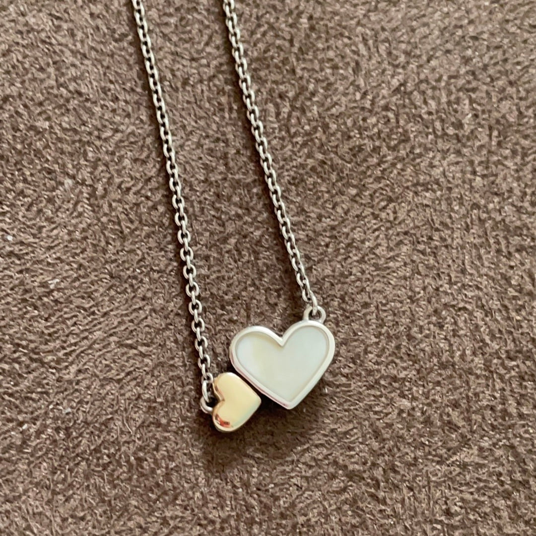 Genuine Pandora Two Tone Heart Gold and Pearl Necklace 46cm