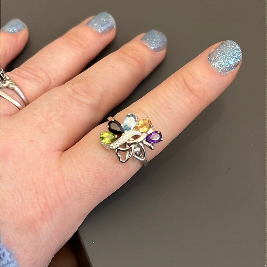 Sterling Silver Pave CZ Colourful Bunch of Flowers Ring Size 58