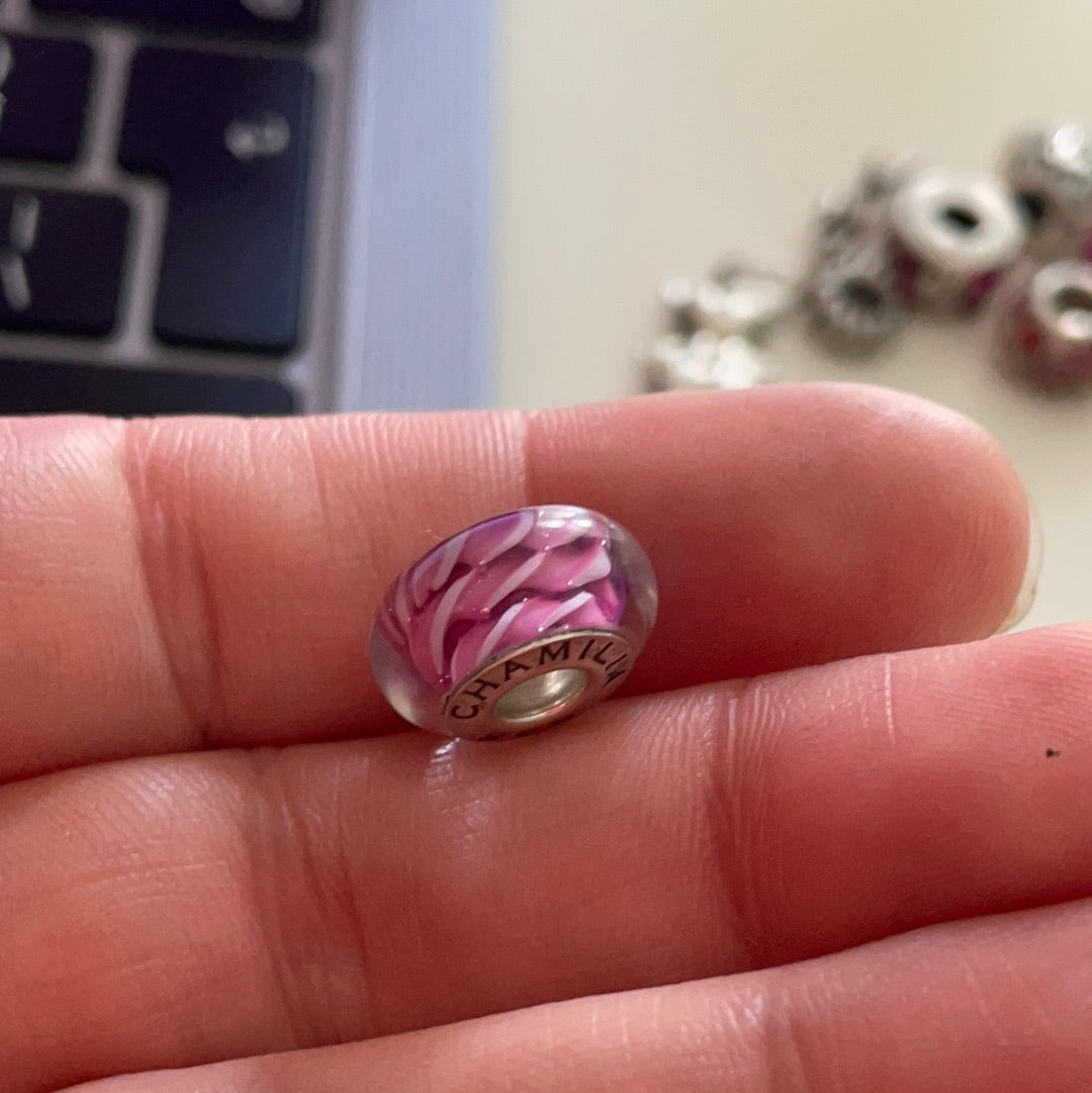 Genuine Chamilia Pink and White Knot Rope Pattern Murano Charm