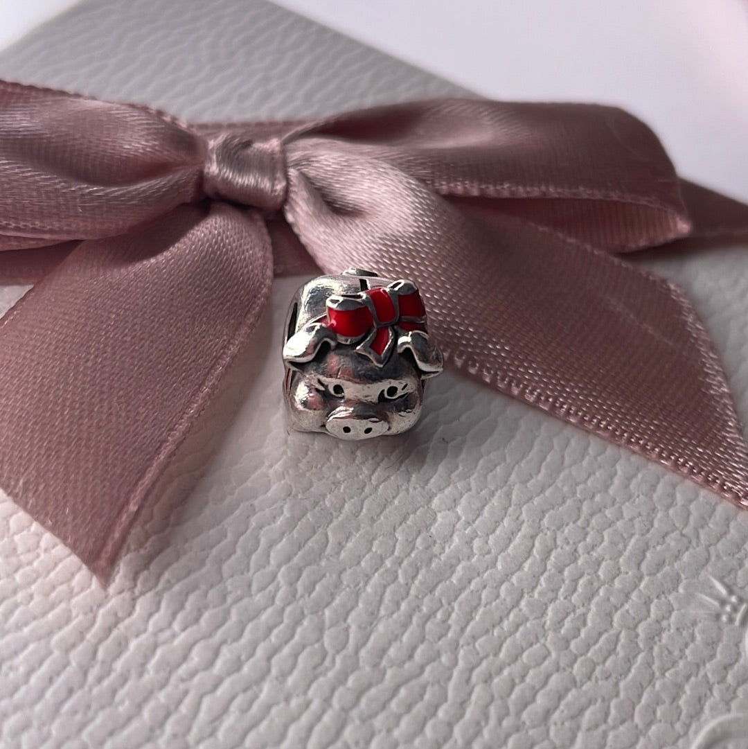 Genuine Pandora Pig with Enamel Bow Chinese Piggy Bank Rare