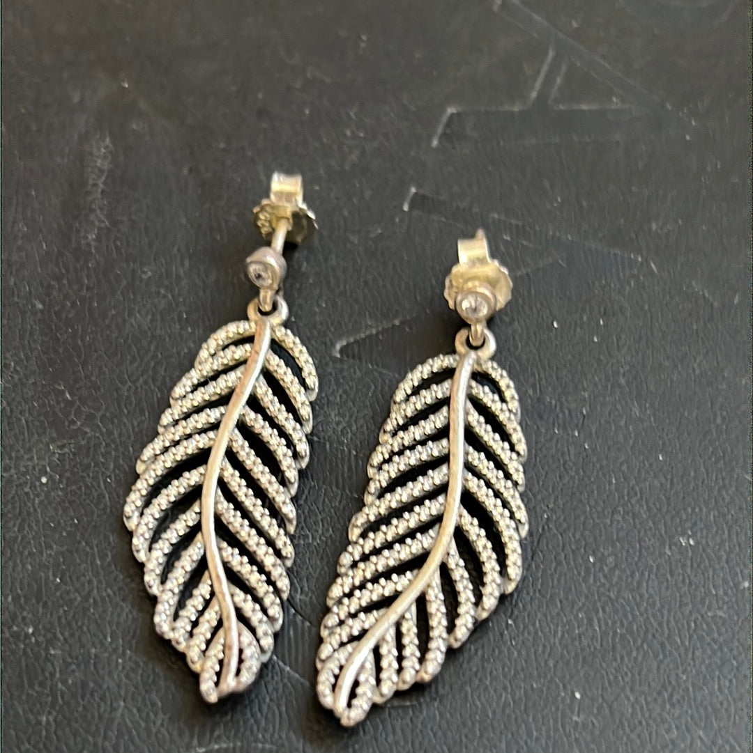 Genuine Pandora Pave Dazzling Dangling Feather leaf Earrings Studs