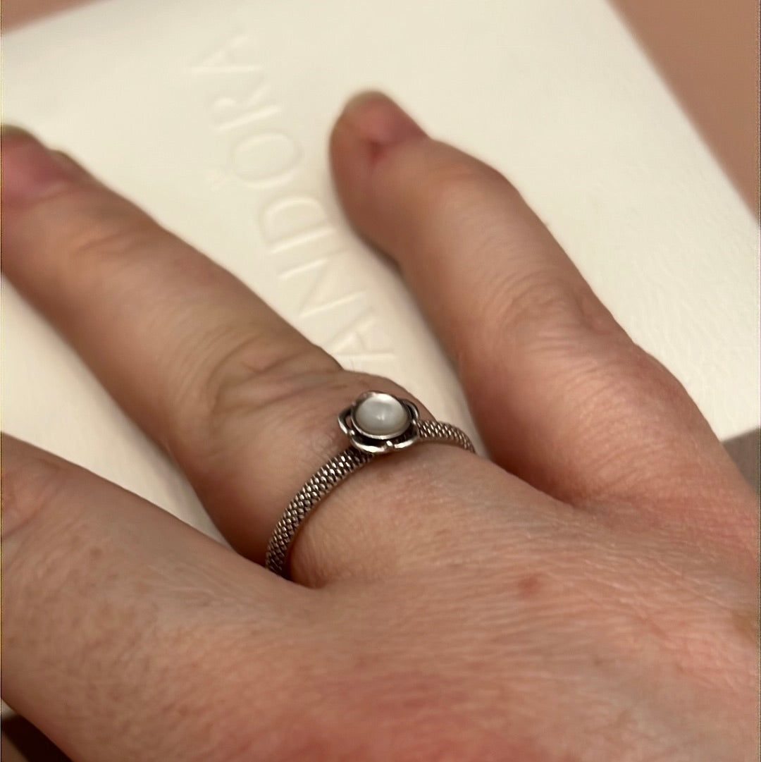 Sterling Silver Textured Ring With Moonstone Flower Ring 56