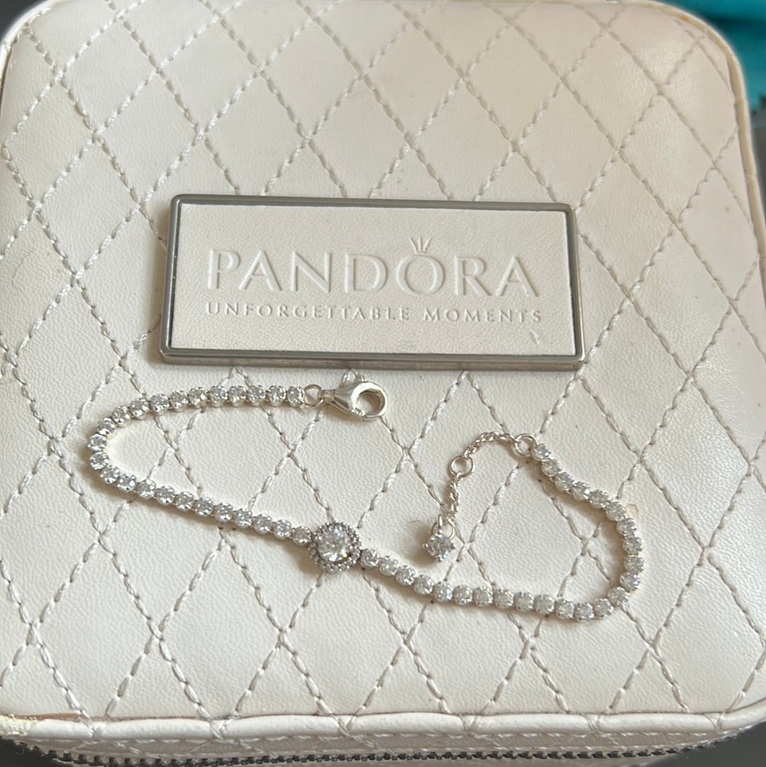 Genuine Pandora Sparkling Double Halo Pave Tennis Bracelet 18cm Max