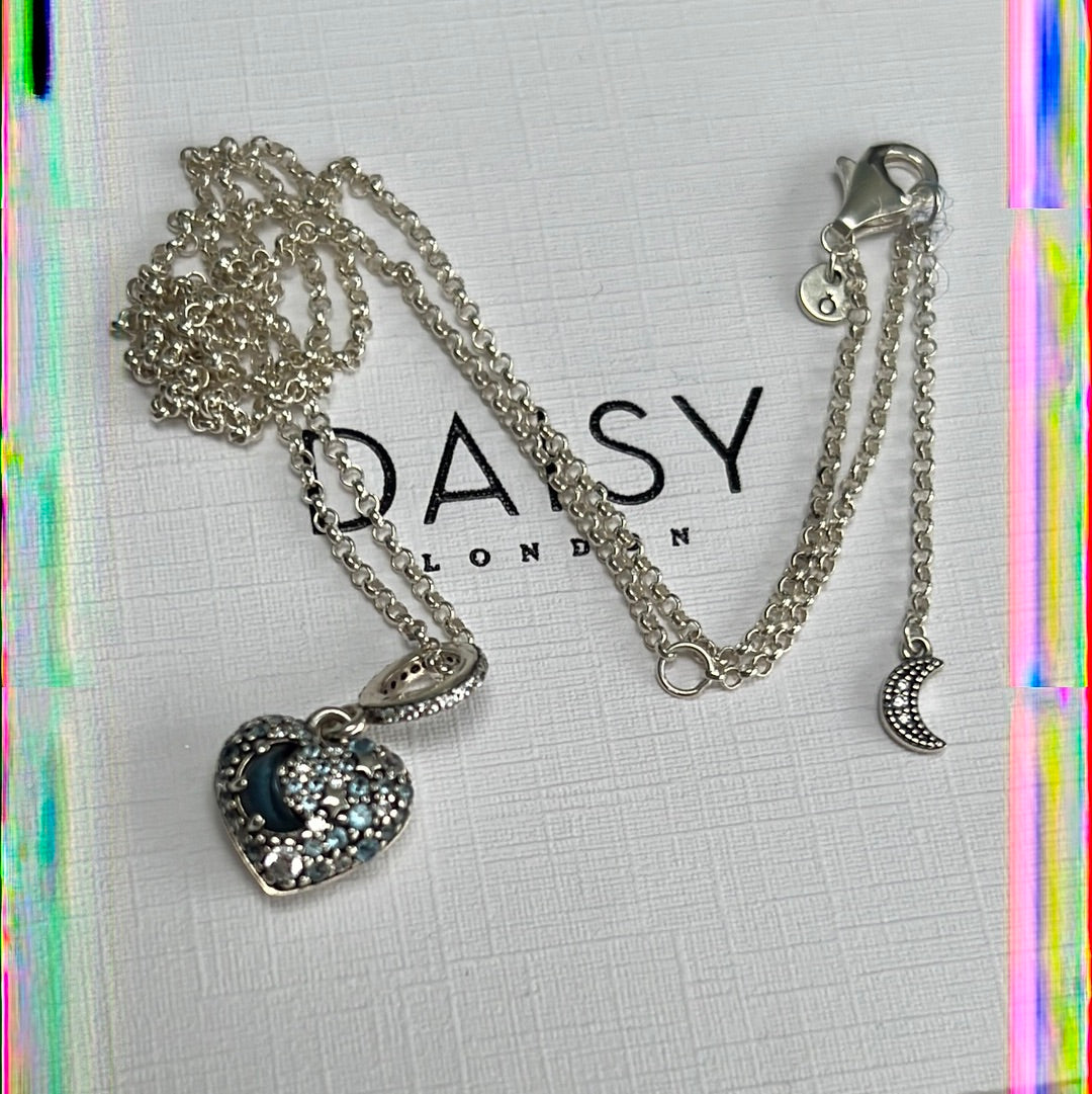 Genuine Pandora Sparkling Blue Moon and Stars Heart Necklace 50cm