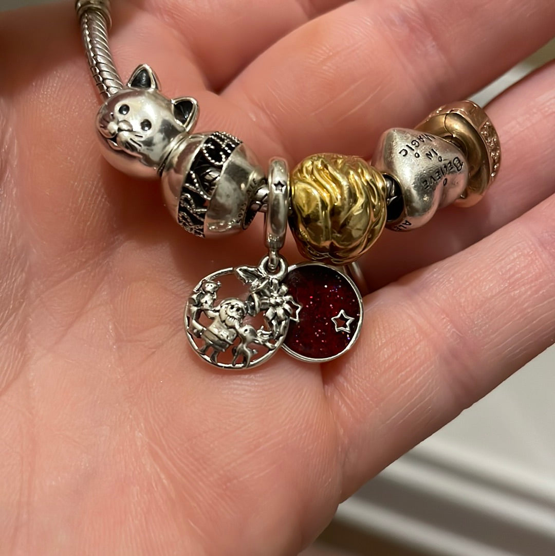 Genuine Pandora Santa and Rudolph Merry Christmas Scene with Enamel Background Dangle