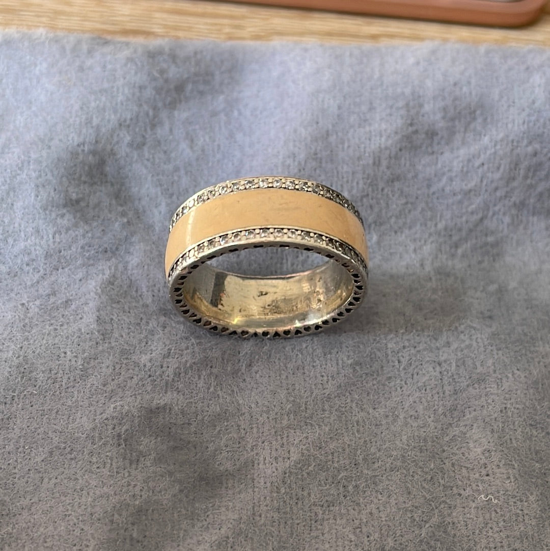 Genuine Pandora Huge Chunky Light Pink Enamel Ring Pave Triple Layer Ring in Size 56