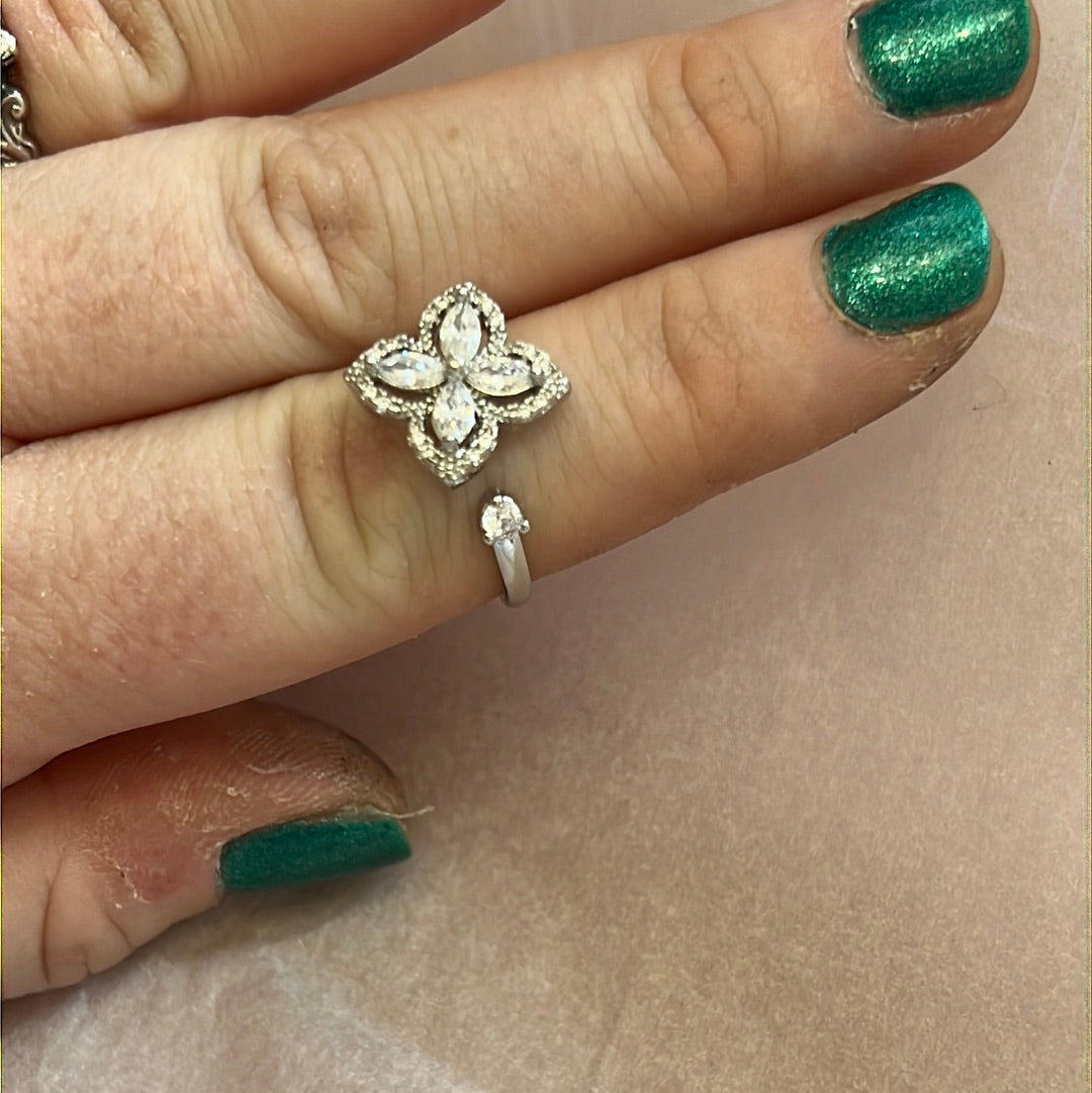 Beautiful Adjustable Anxiety Spinning Ring - Pave Clear Large Poinsettia Flower Ring