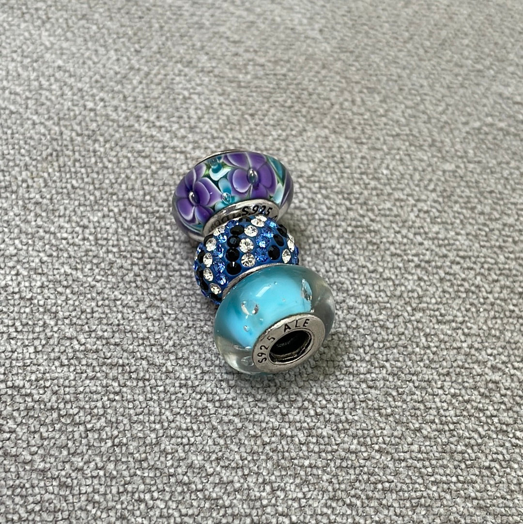 Bundle of Sterling Silver Blue Pave Purple Flower Charms x3 Will fit moments