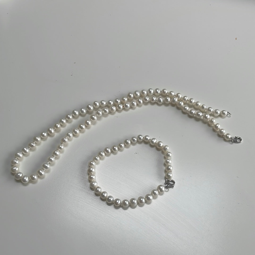 Sterling Silver and Pearl Necklace and Bracelet Set
