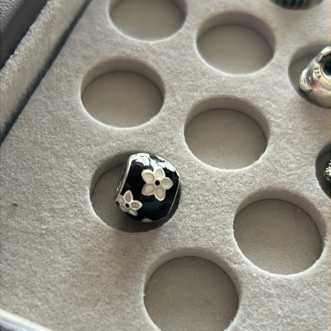 Genuine Pandora Black and White Flower Enamel Ball Charm