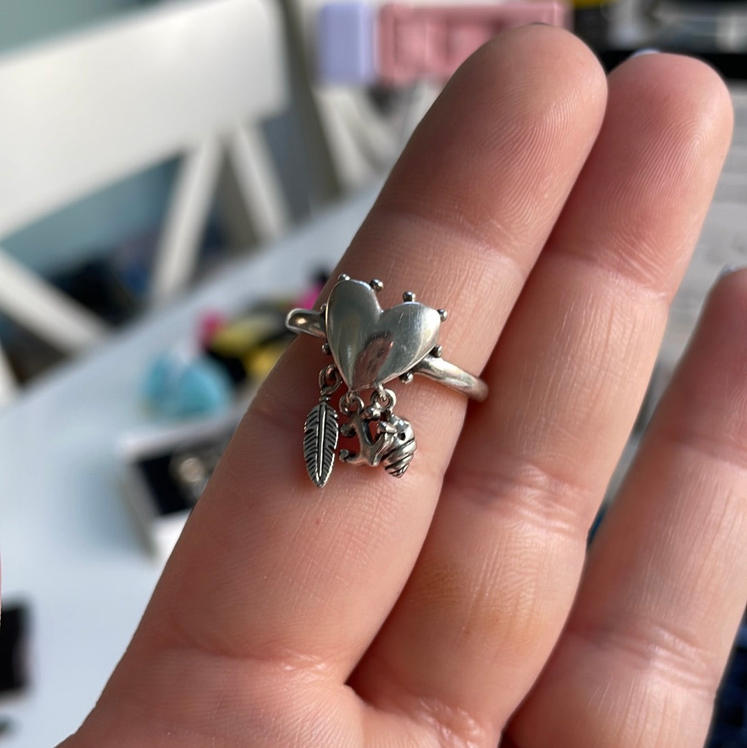 Genuine Pandora Heart Dangle Ring Anchor, feather and shell 56