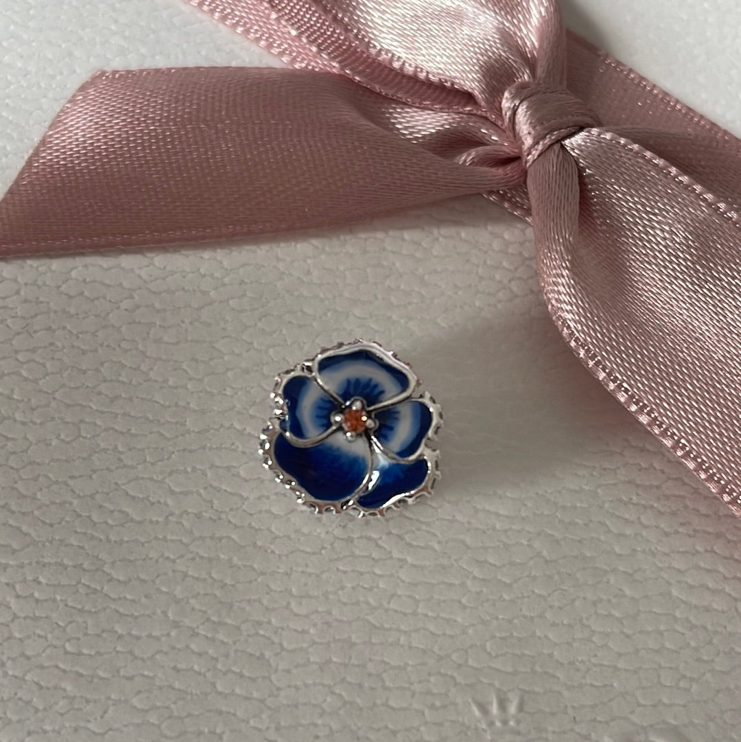Genuine Pandora Blue Pansy Flower Pave and Enamel Charm