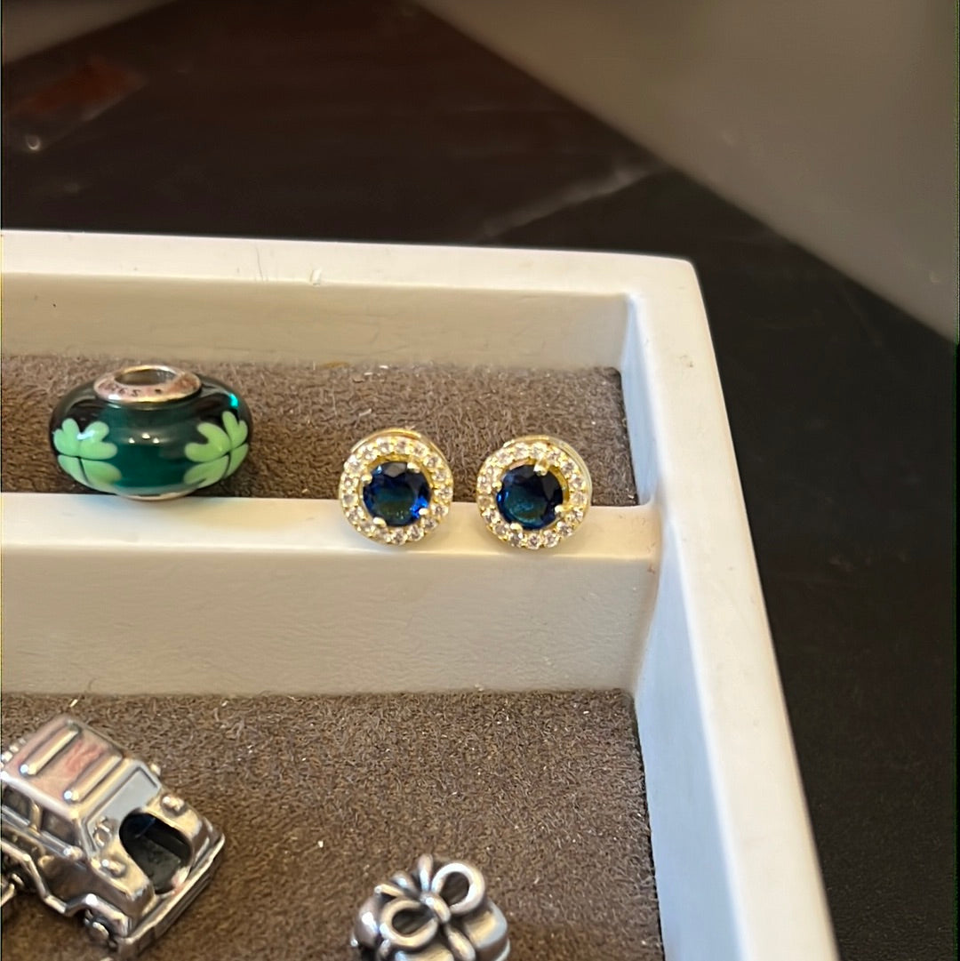 Unbranded Gold Plated 18kt Sterling Silver Pave Circle Blue Pave Earrings Small Stud Earrings