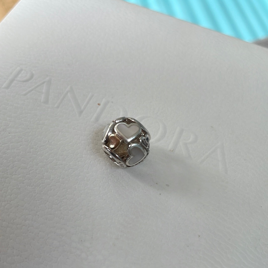 Genuine Pandora Mother of Pearl and Two Tone Openwork Heart Charm