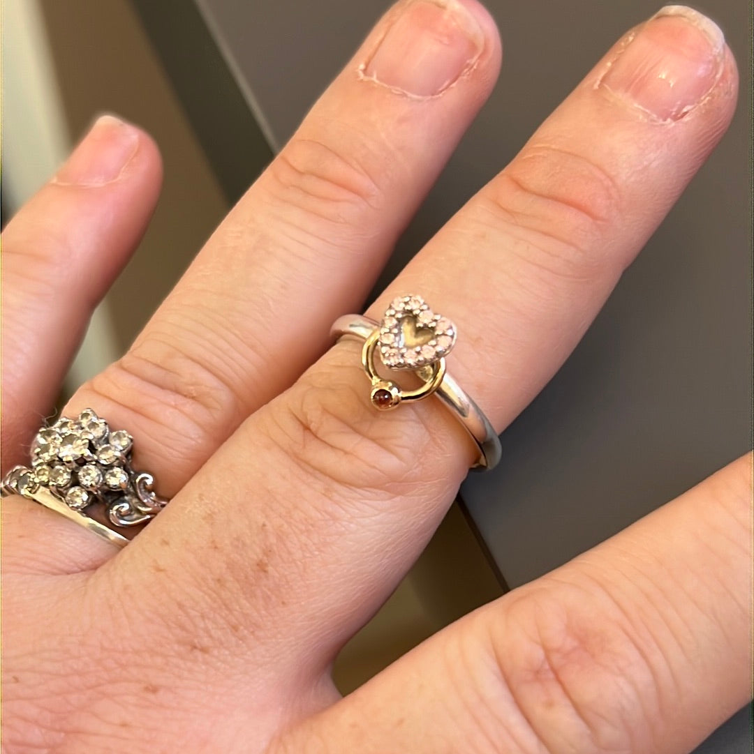 Genuine Pandora Rare HTF Two Tone Rhodolite Gold Hoop Pink CZ Heart Ring 56