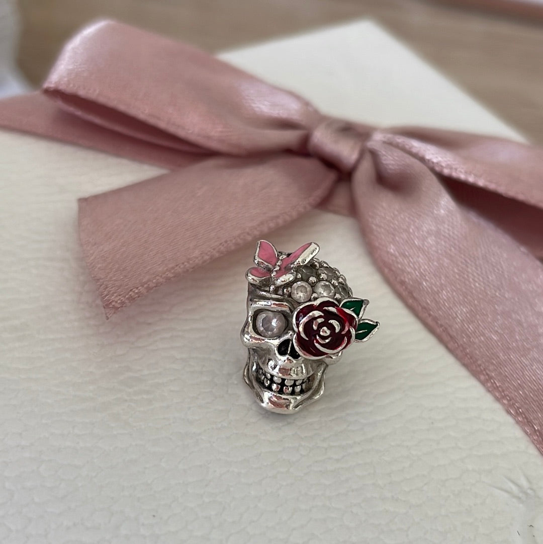 Sterling Silver Skull Charm With Enamel Rose and Butterly