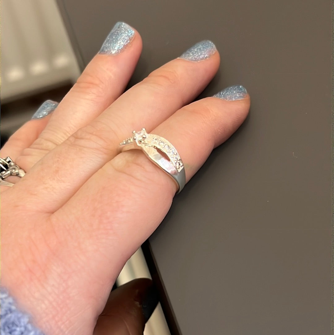 Silver Plated Pave Clear Crossover Ring Size 54