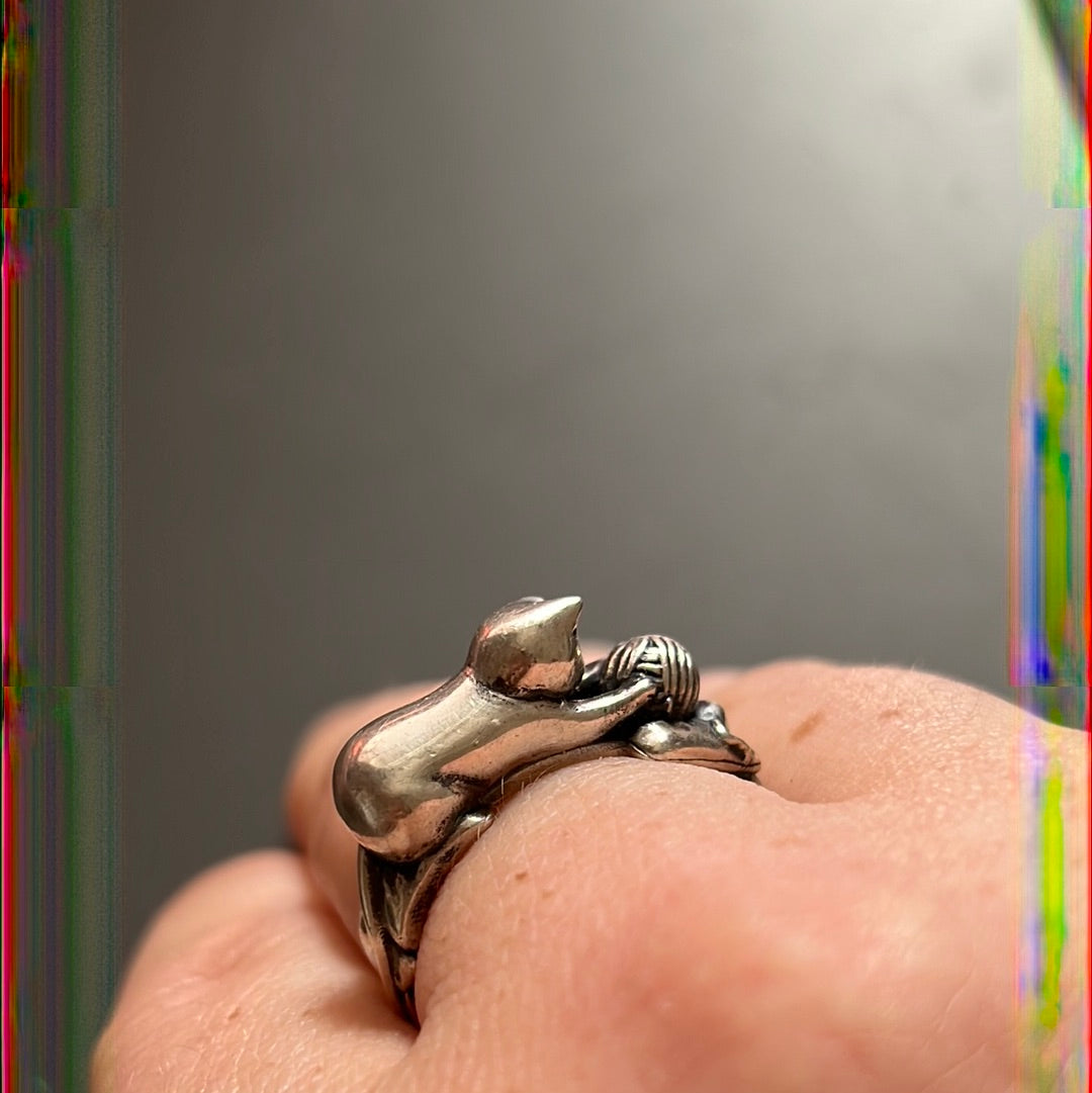 Genuine Keikobee Handmade Solid Silver Playful Cat Ring Size 58